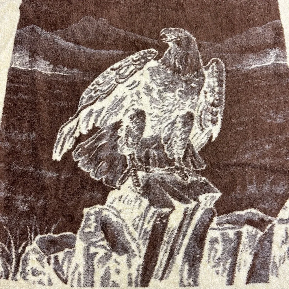 Vintage San Marcos Blanket Bald Eagle Perched Reversible Brown W:71 L:91